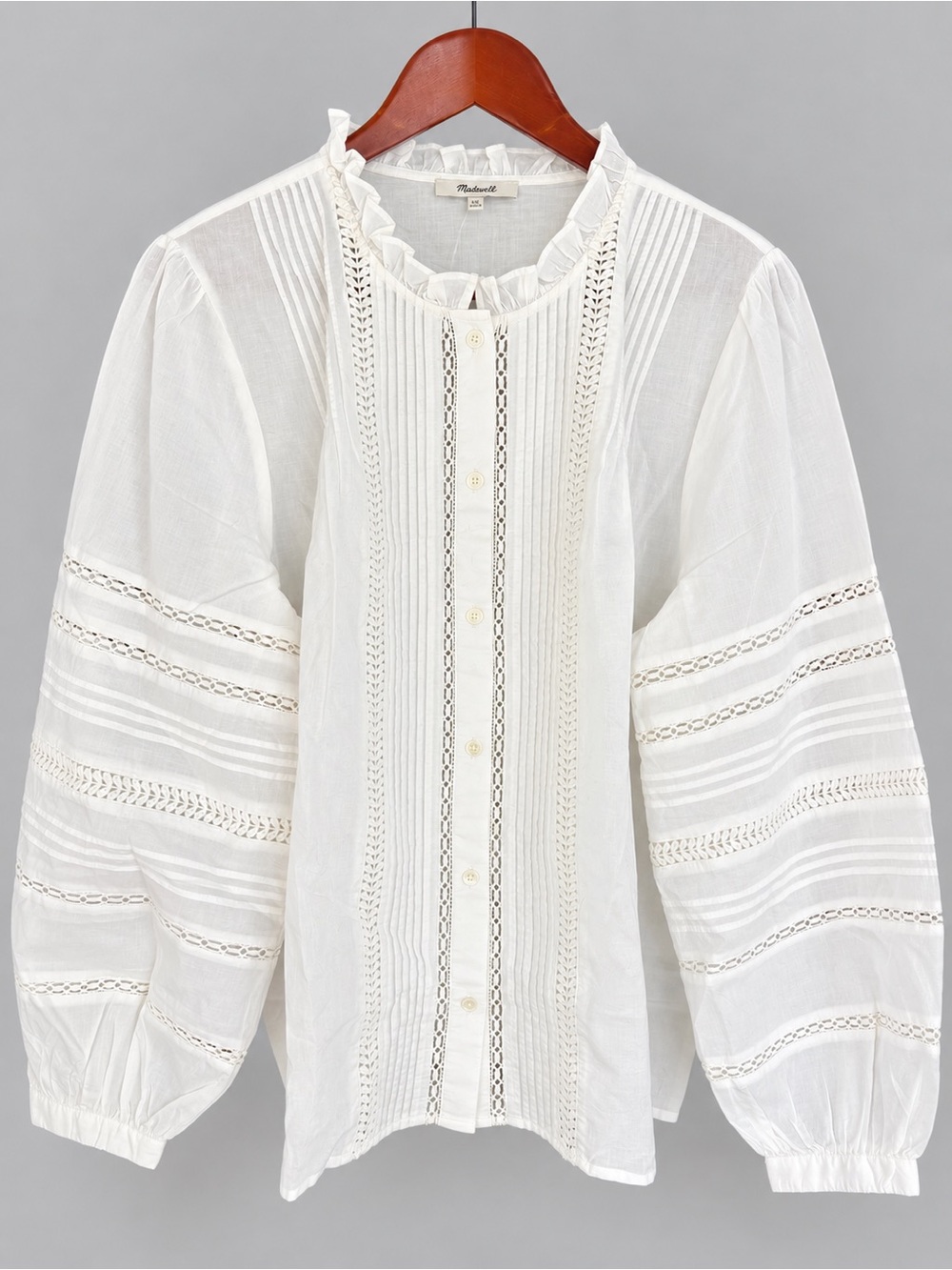 Madewell Lace-Insert High-Neck Pintuck Top White XXL NWT Cotton